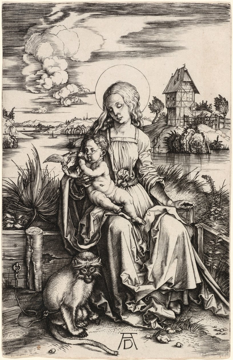 Neitsyt ja lapsi apinan seurassa tekijältä Albrecht Dürer