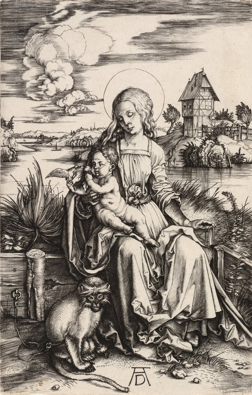 Neitsyt ja lapsi apinan kanssa, n. 1498. tekijältä Albrecht Dürer