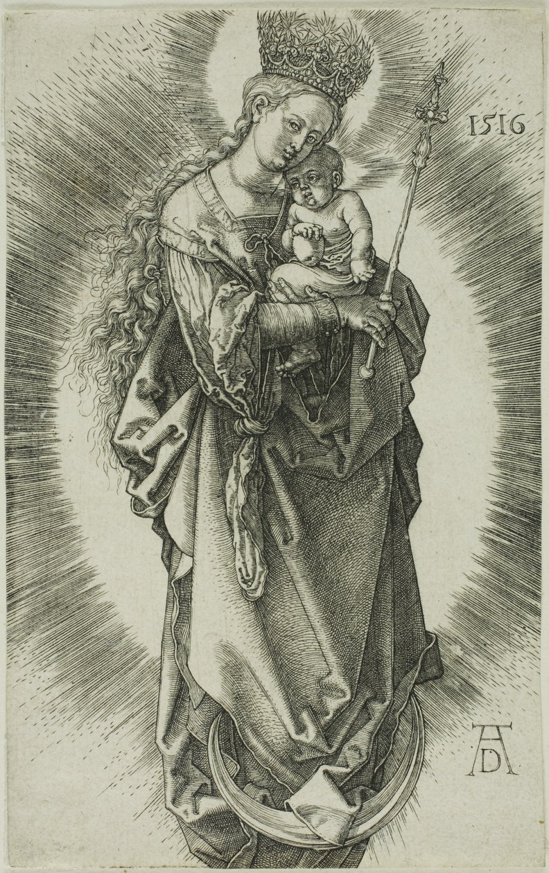 Neitsyt puolikuun päällä tähtien kruunulla ja valtikka tekijältä Albrecht Dürer