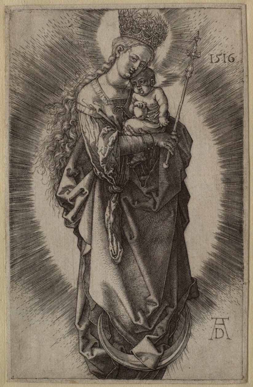 Neitsyt kuunsirpillä, valtikka ja tähtikruunu mukanaan tekijältä Albrecht Dürer