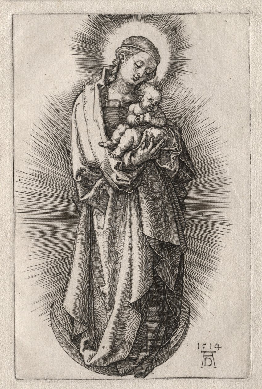 Neitsyt hiusnauhalla puolikuun kuussa, 1508. tekijältä Albrecht Dürer