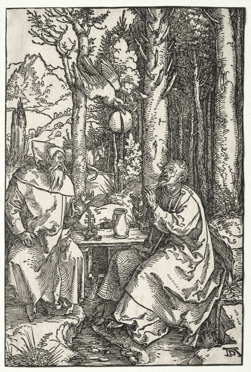 Pyhän Antoniuksen vierailu St. Paul Eremitin luona, n. 1504. tekijältä Albrecht Dürer