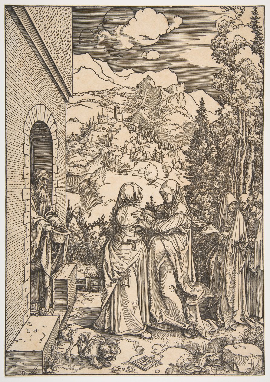 Marian vierailu Elisabetin luona, sarjasta "Marian elämä" tekijältä Albrecht Dürer