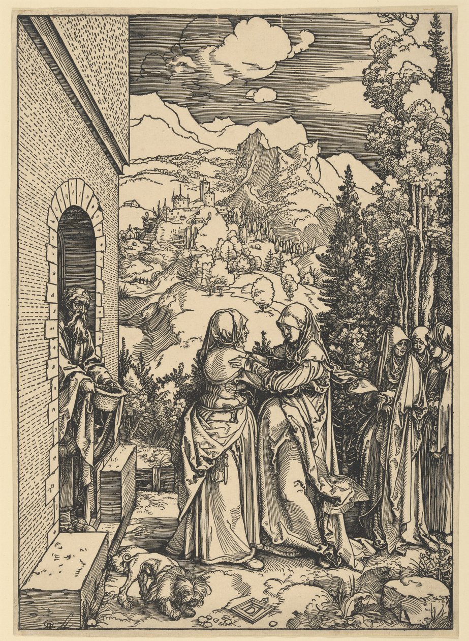 Marian ja Elisabetin kohtaaminen, sarjasta "Neitsyt Marian elämä" tekijältä Albrecht Dürer