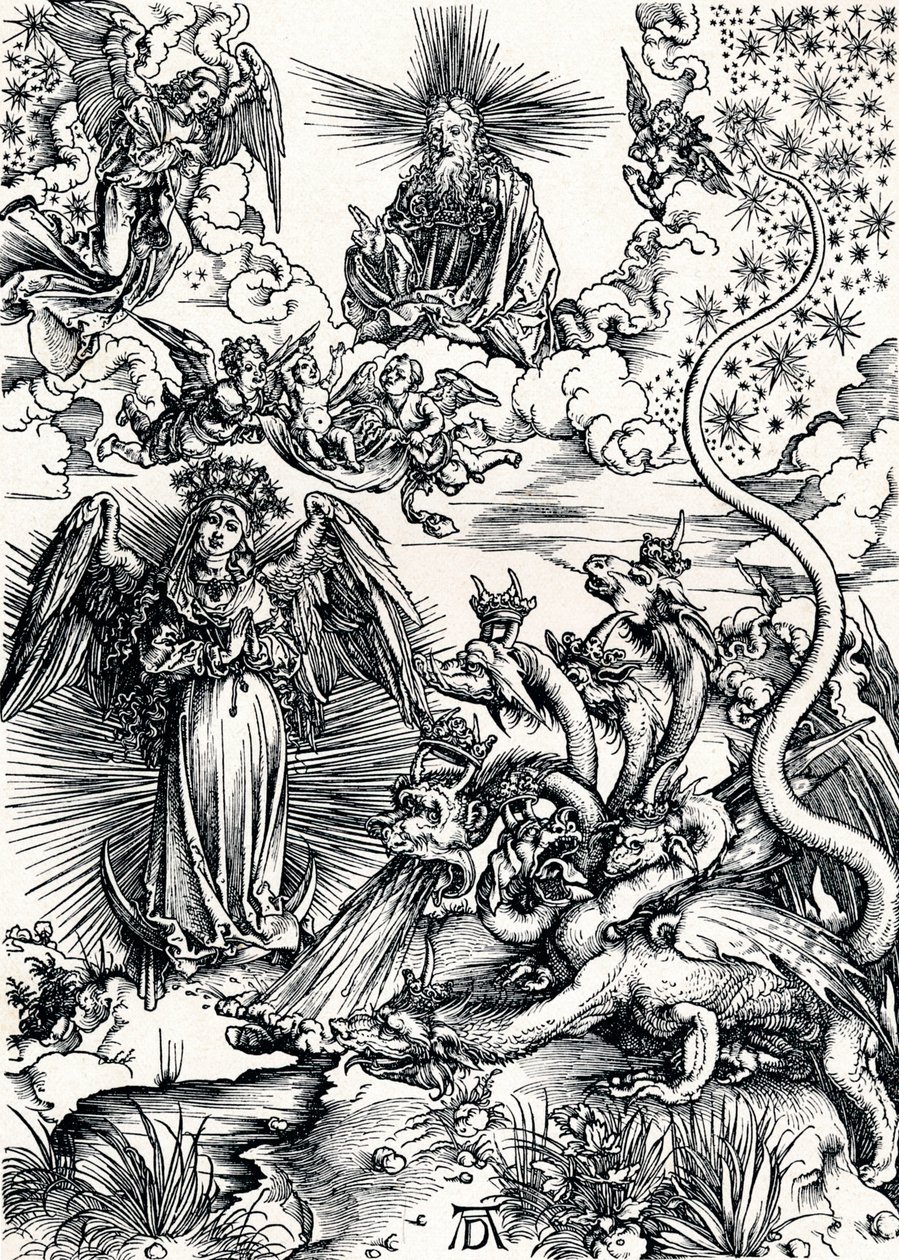 Nainen pukeutunut aurinkoon ja seitsenpäiseen lohikäärmeeseen, 1498 1906 tekijältä Albrecht Dürer