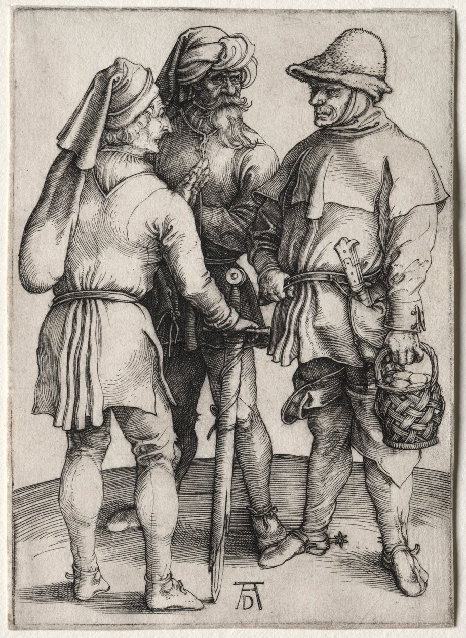 Kolme talonpoikaa keskustelussa, n. 1497. tekijältä Albrecht Dürer