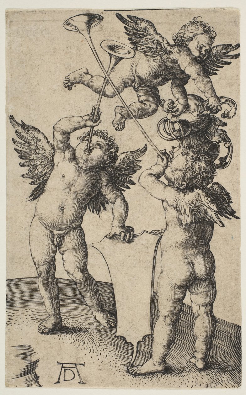 Kolme puttia trumpettien kanssa, n. 1500. tekijältä Albrecht Dürer