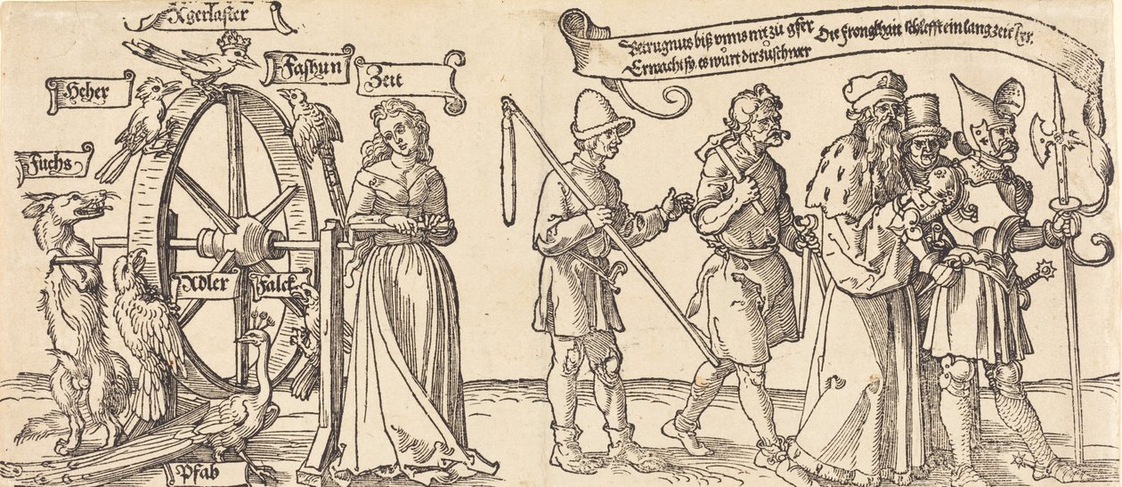 Aika ja kettu kääntämässä onnenpyörää kaikentasoisten ihmisten kanssa oikealle, luultavasti 1526. tekijältä Albrecht Dürer