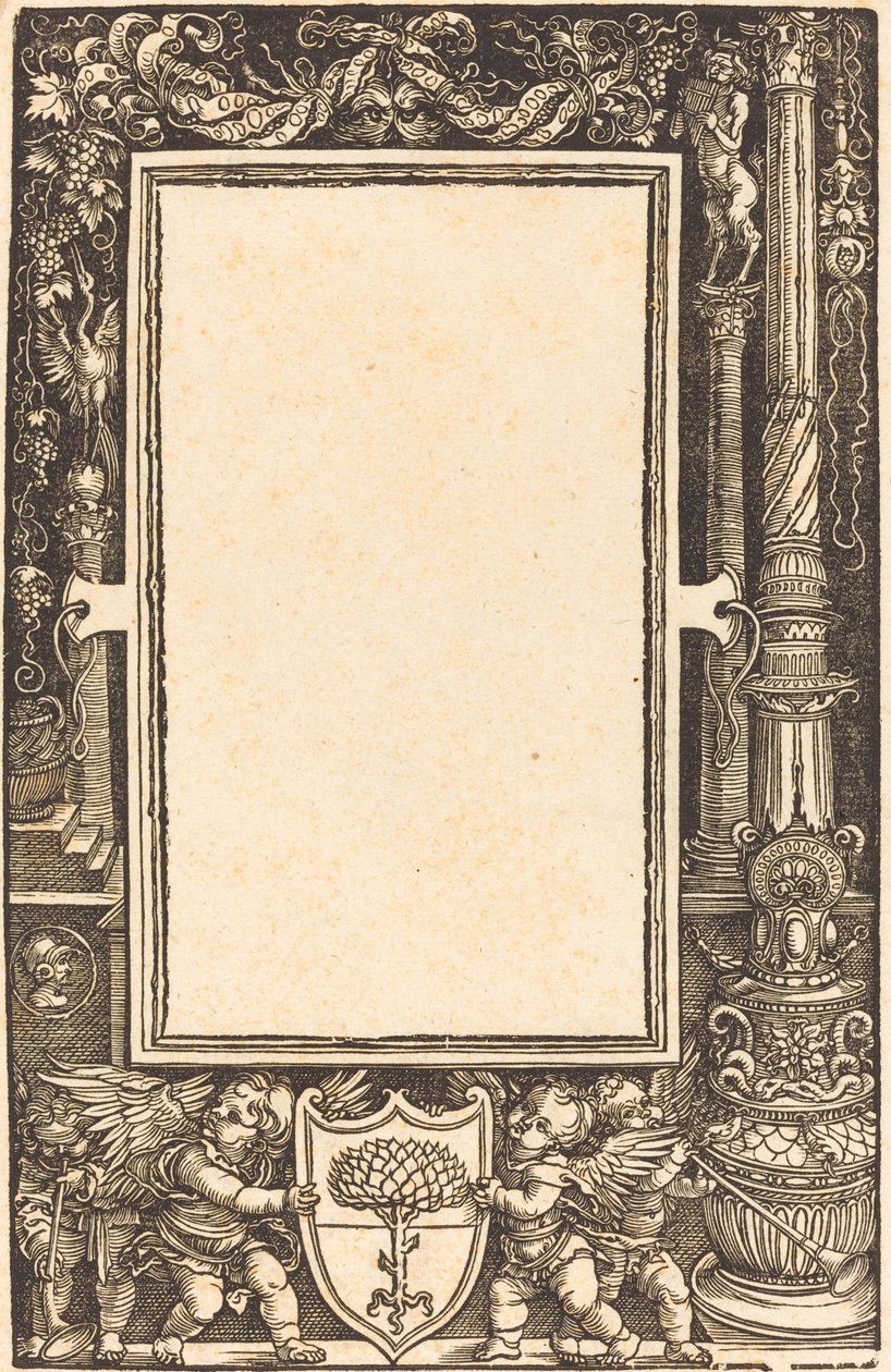 Otsikkoreuna, jossa Putti pitelee Pirckheimerin aseita, luultavasti 1513. tekijältä Albrecht Dürer