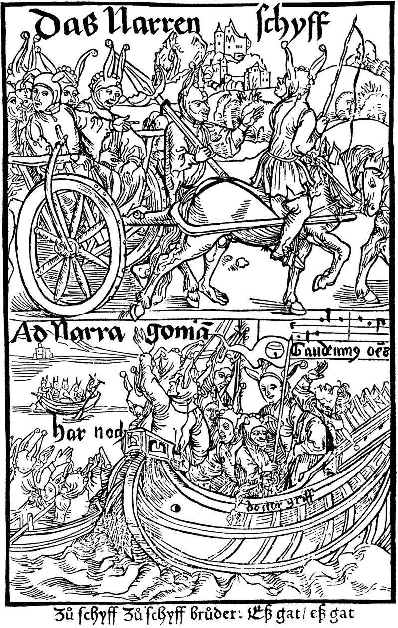 Sebastian Brantin Hullujen laivan painoksen nimisivu 1494. tekijältä Albrecht Dürer