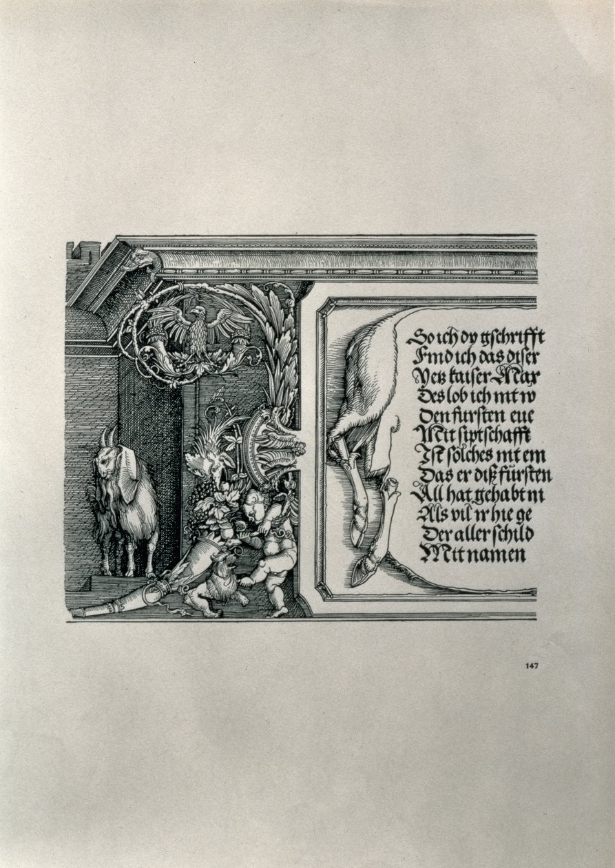 Saksan keisari Maximilian I:n riemukaari 1459-1519: yksityiskohta hirvennahasta, jossa on keisarin sukulaisuussuhteita ylistävä kaiverrus, ja luppakorvainen vuohi, joka on terävän kuulon symboli, kaikki tekijältä Albrecht Dürer