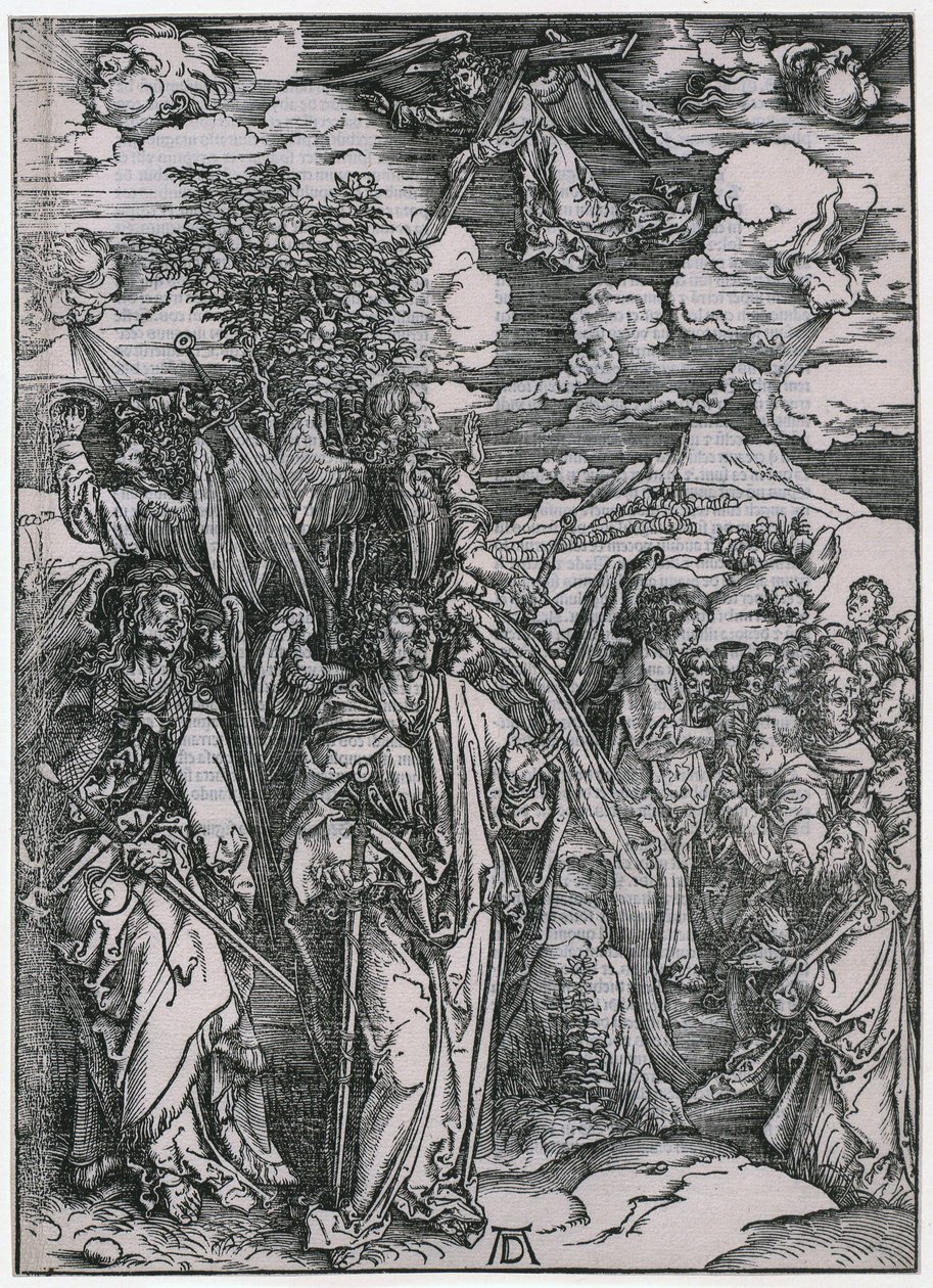 Neljä enkeliä, jotka pidättävät tuulet / Valittujen sinetöinti, V. kuva, sarjan ”Apokalypsi” 7. lehti tekijältä Albrecht Dürer