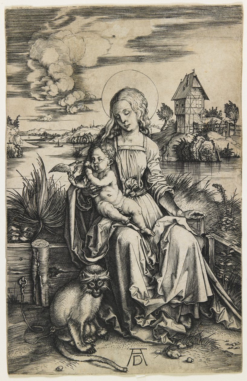 Neitsyt ja lapsi apinan kanssa, n. 1498 tekijältä Albrecht Dürer