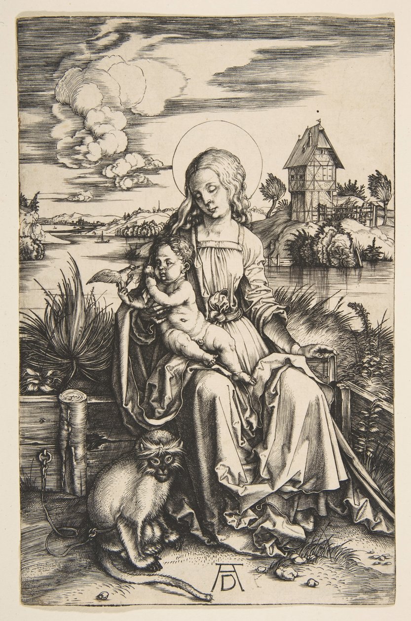 Neitsyt ja lapsi apinan kanssa, n. 1498. tekijältä Albrecht Dürer