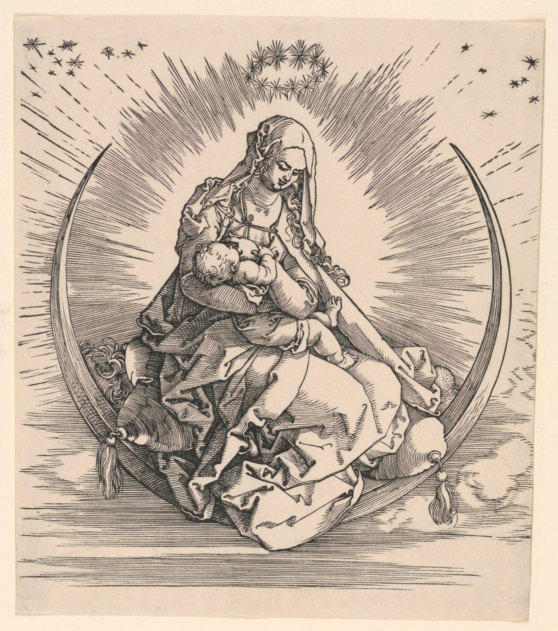 Neitsyt puolikuussa (Neitsyen elämän otsikkosivu) tekijältä Albrecht Dürer
