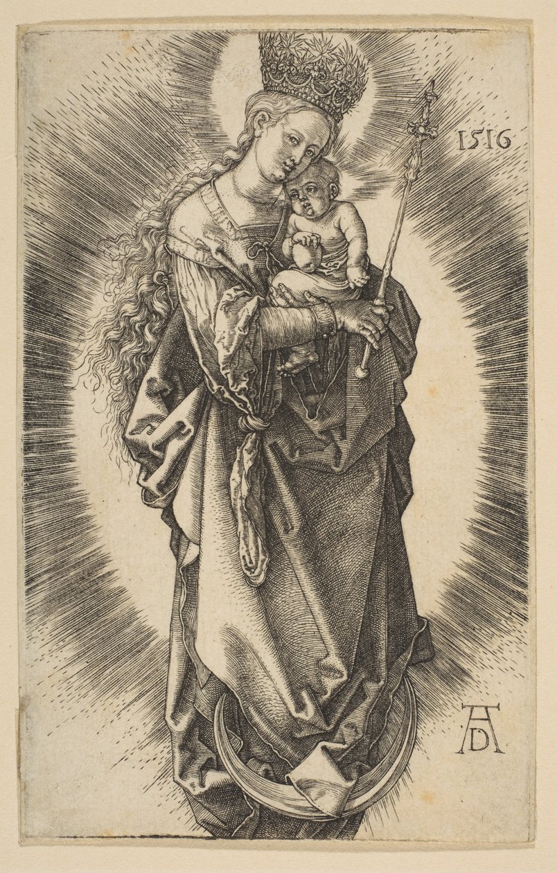 Neitsyt kuunsirpillä valtikan ja tähtikruunun kanssa tekijältä Albrecht Dürer