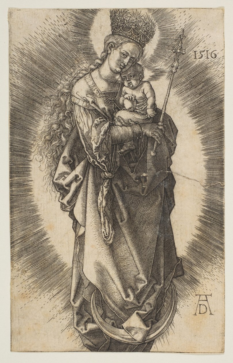 Neitsyt Maria kuunsirpillä valtikan ja tähtikruunun kanssa tekijältä Albrecht Dürer