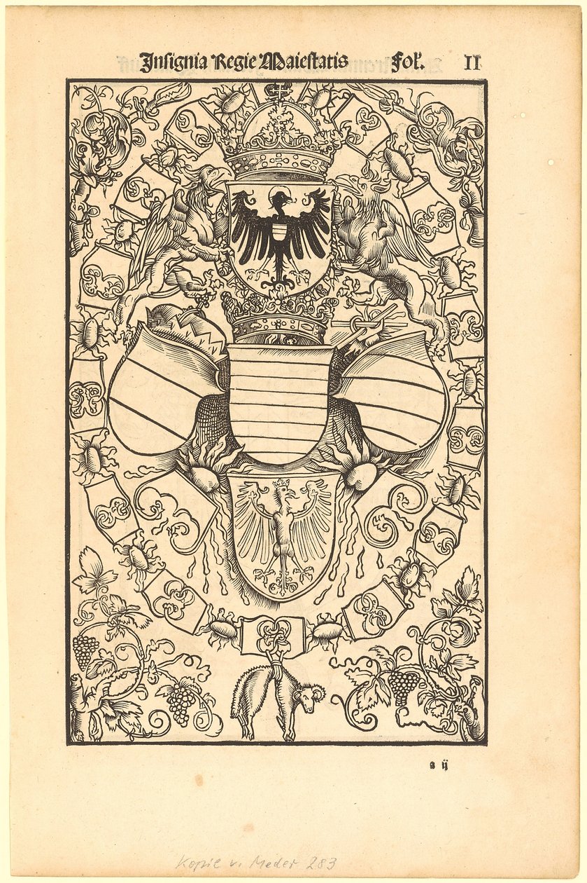 Maximilian I:n vaakuna Rooman kuninkaana [etupuoli]; Florian Waldaufin (Waldauff) von Waldensteinin vaakuna [takapuoli] tekijältä Albrecht Dürer