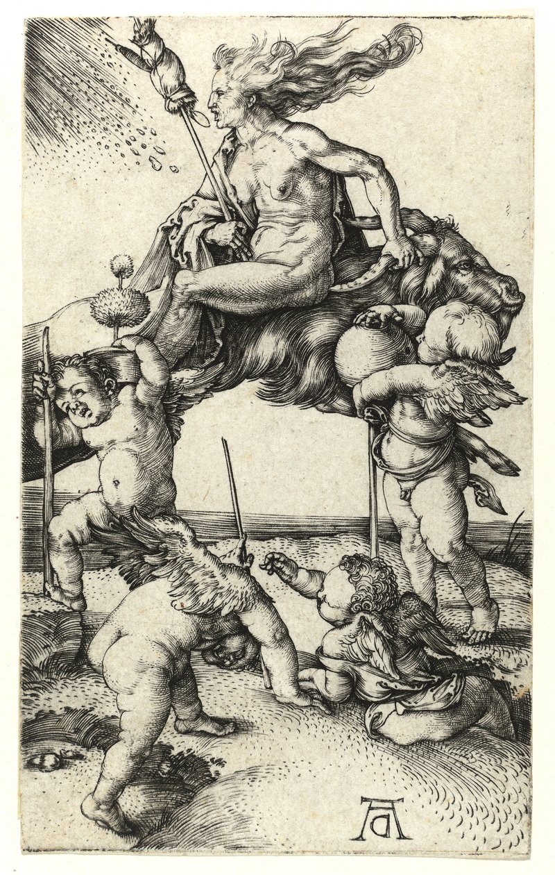 Noita ratsastaa taaksepäin vuohen selässä, n. 1505 tekijältä Albrecht Dürer