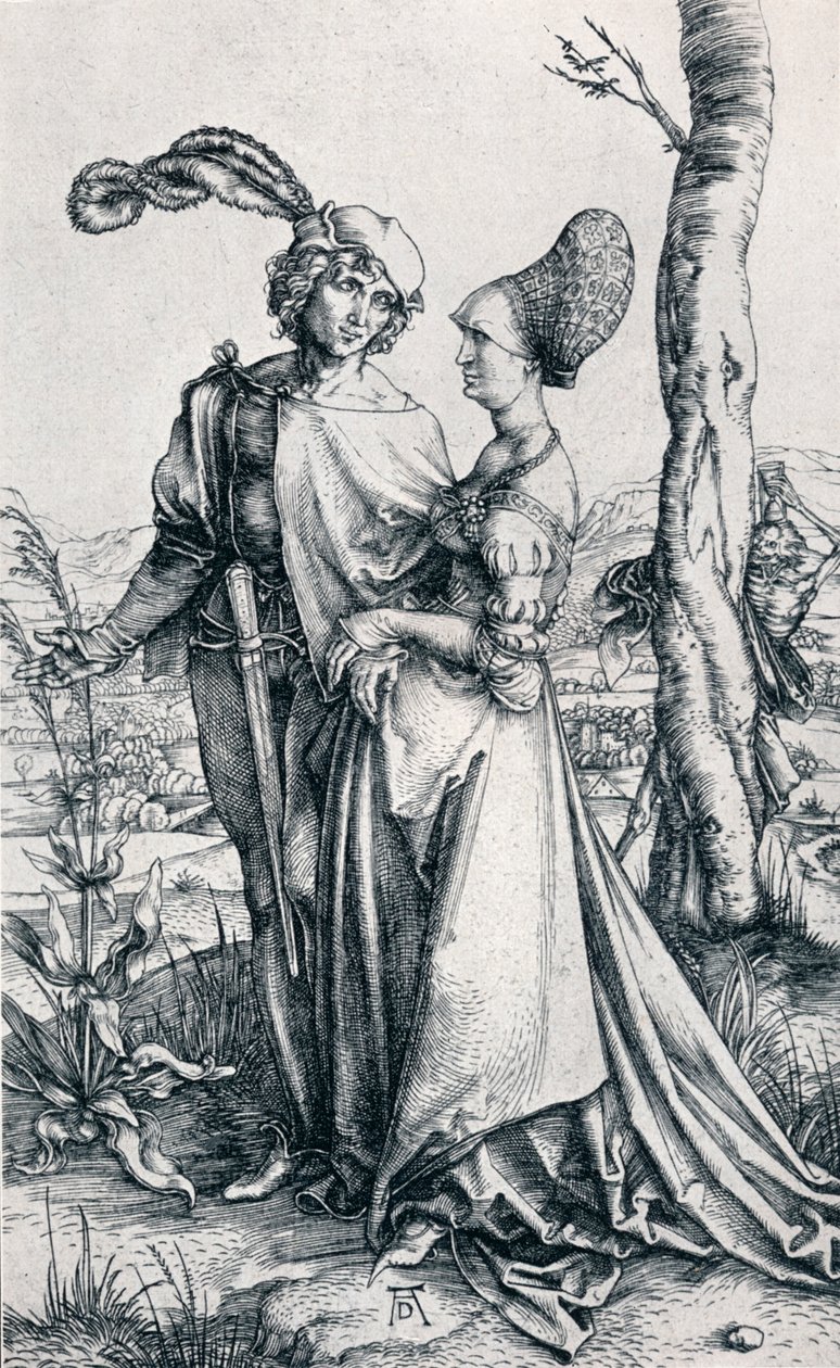 Kuoleman uhkaama nuori pari" tai "Promenadi", 1495, 1906 tekijältä Albrecht Dürer