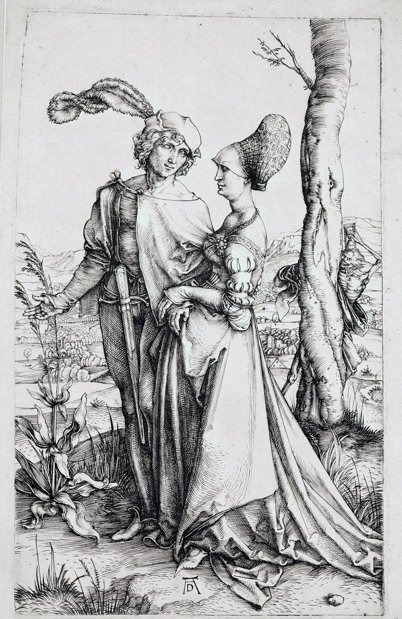 Pariskunta kävelemässä, puun takana piilossa olevan kuoleman katsellessa, kädessään tiimalasi). Kaiverrus Albrecht Durer (1471-1528) 1496-1498 Dim. 19x12 cm Berlin, kaiverruskaappi tekijältä Albrecht Dürer