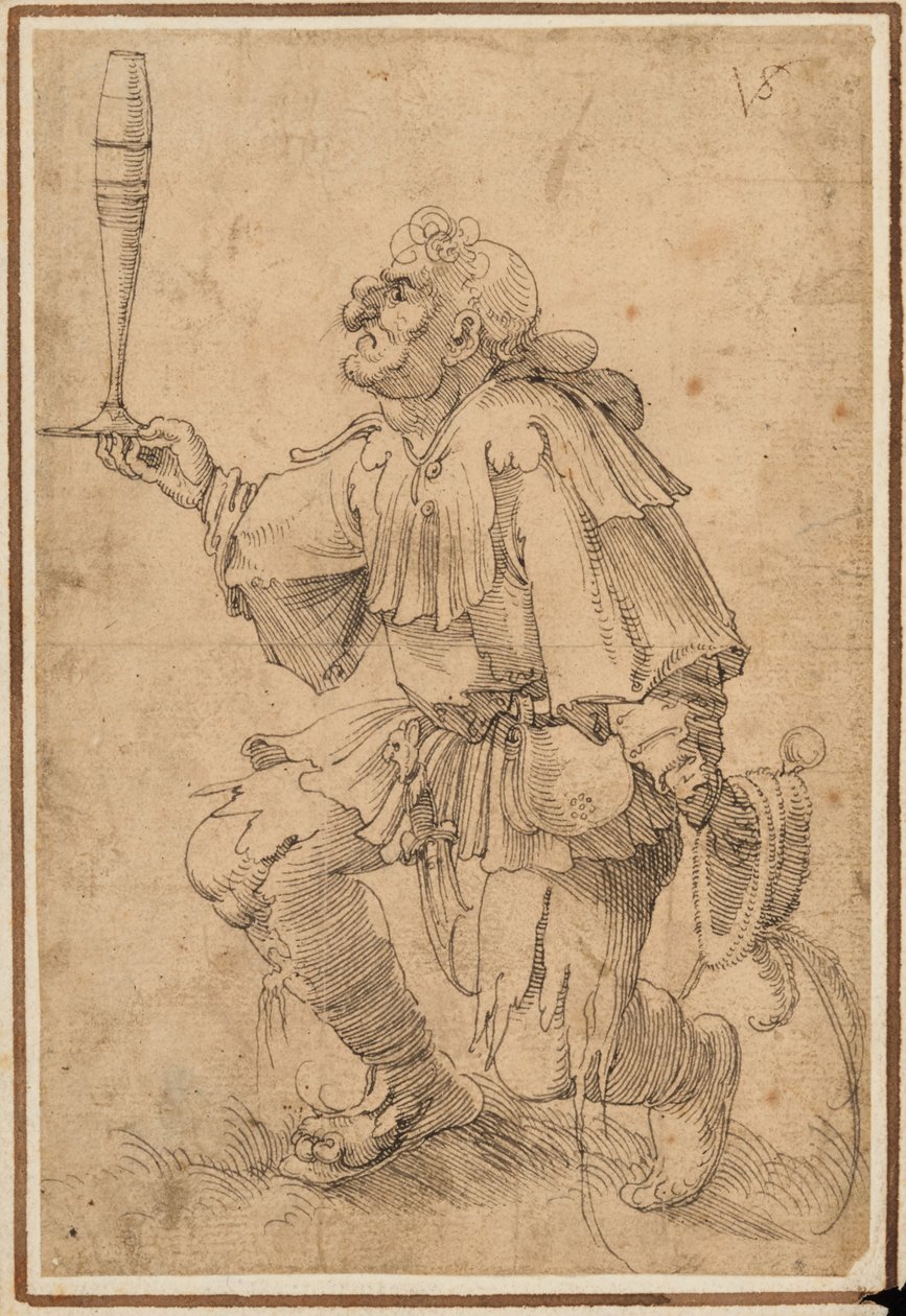 Groteski mies polvistumassa pitelee korkeaa olutlasia tyvessään tekijältä Albrecht Dürer