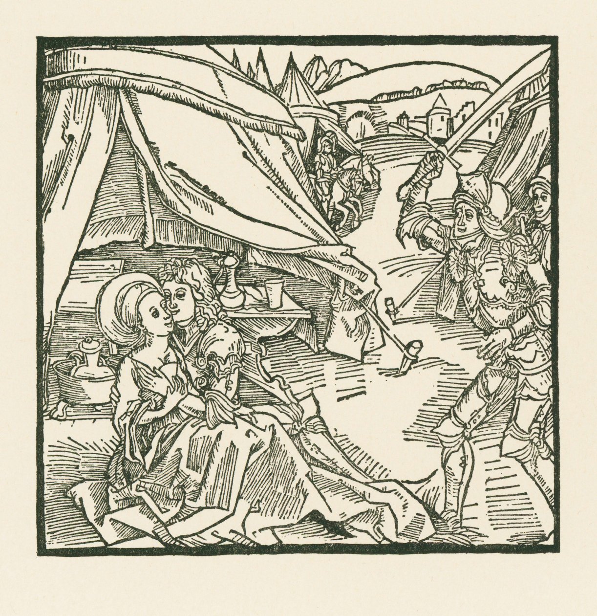 Israelilaisen armeijan ritari tappaa toisen ritarin, jonka hän löytää pakanallisen rakastajattaren kanssa. tekijältä Albrecht Dürer or Duerer