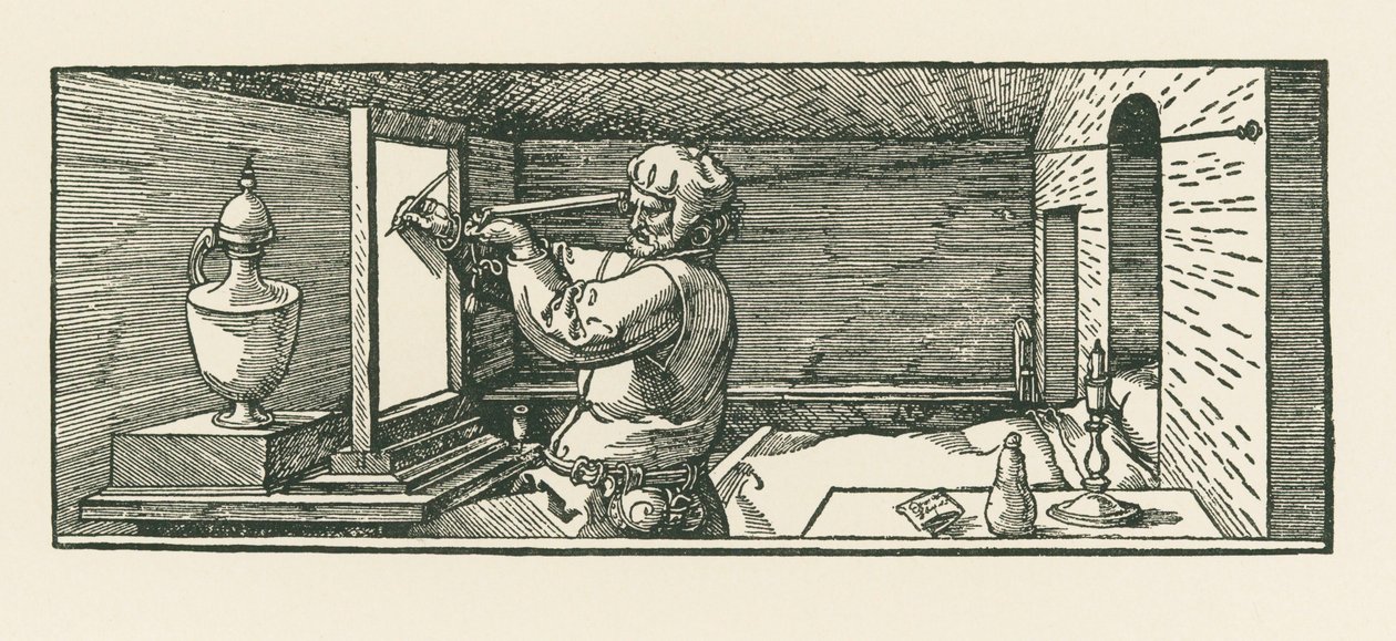 Mies piirtää tölkkiä tekijältä Albrecht Dürer or Duerer