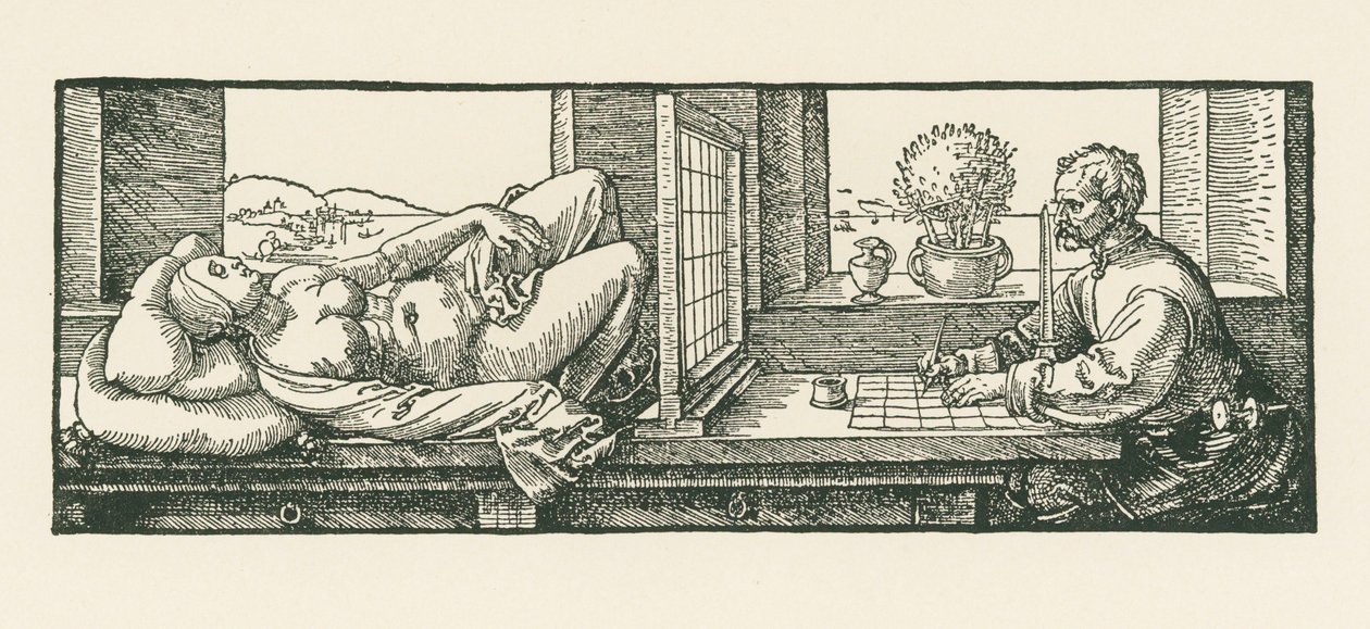 Mies piirtää makaavaa naista tekijältä Albrecht Dürer or Duerer