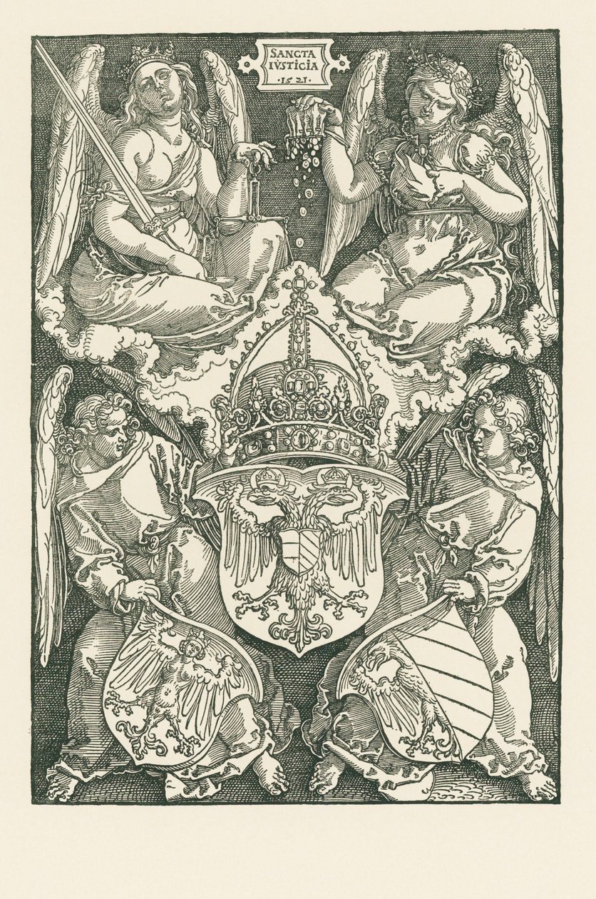 Allegoria, jossa on valtakunnan ja Nürnbergin kaupungin vaakuna. tekijältä Albrecht Dürer or Duerer