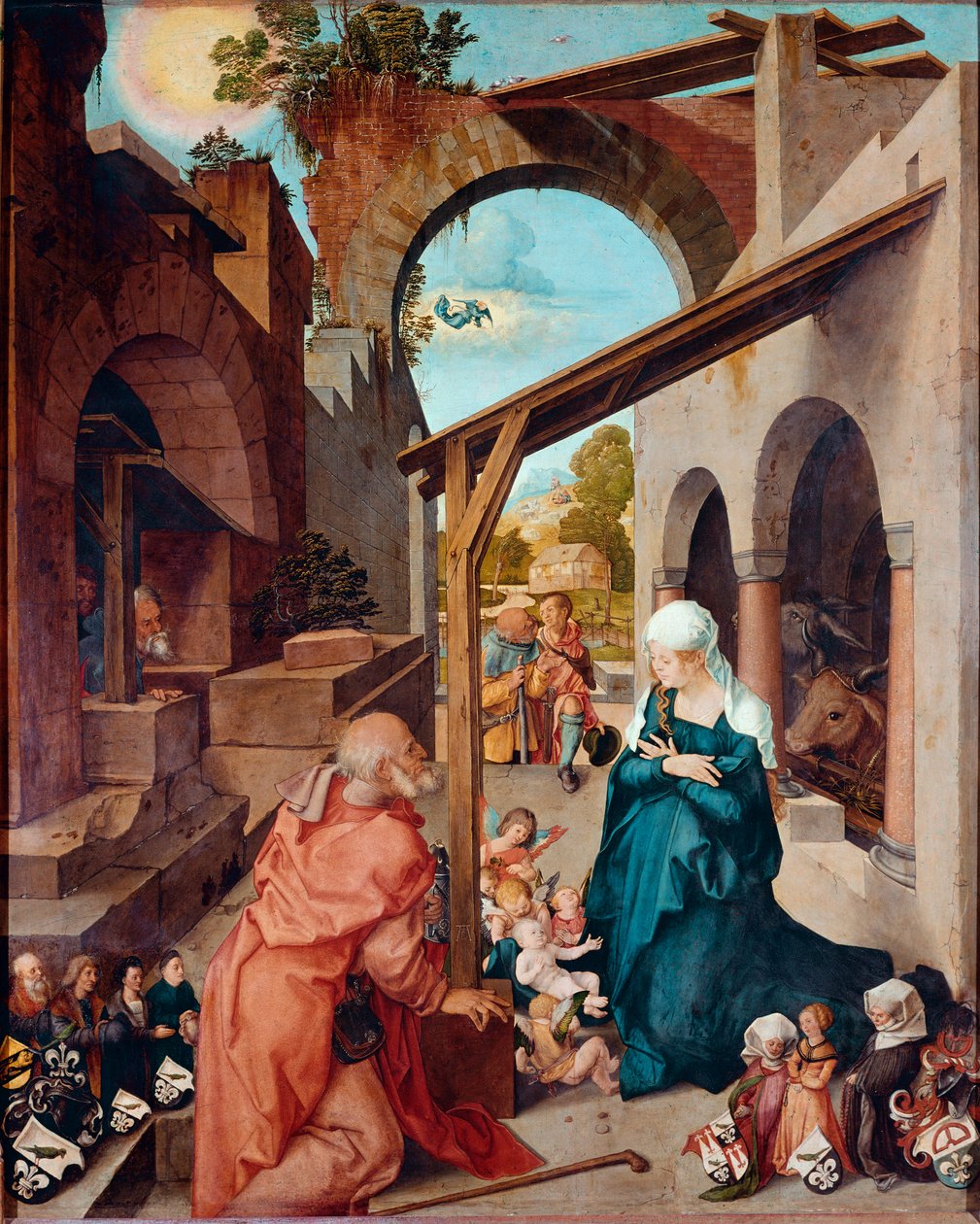 Alttaritaulu Paumgartner: "" Nativite"" Maalaus Albrecht Durer (1471-1528) 1504 noin. Himmeä. 155x126 cm München, Alte Pinakothek tekijältä Albrecht Dürer