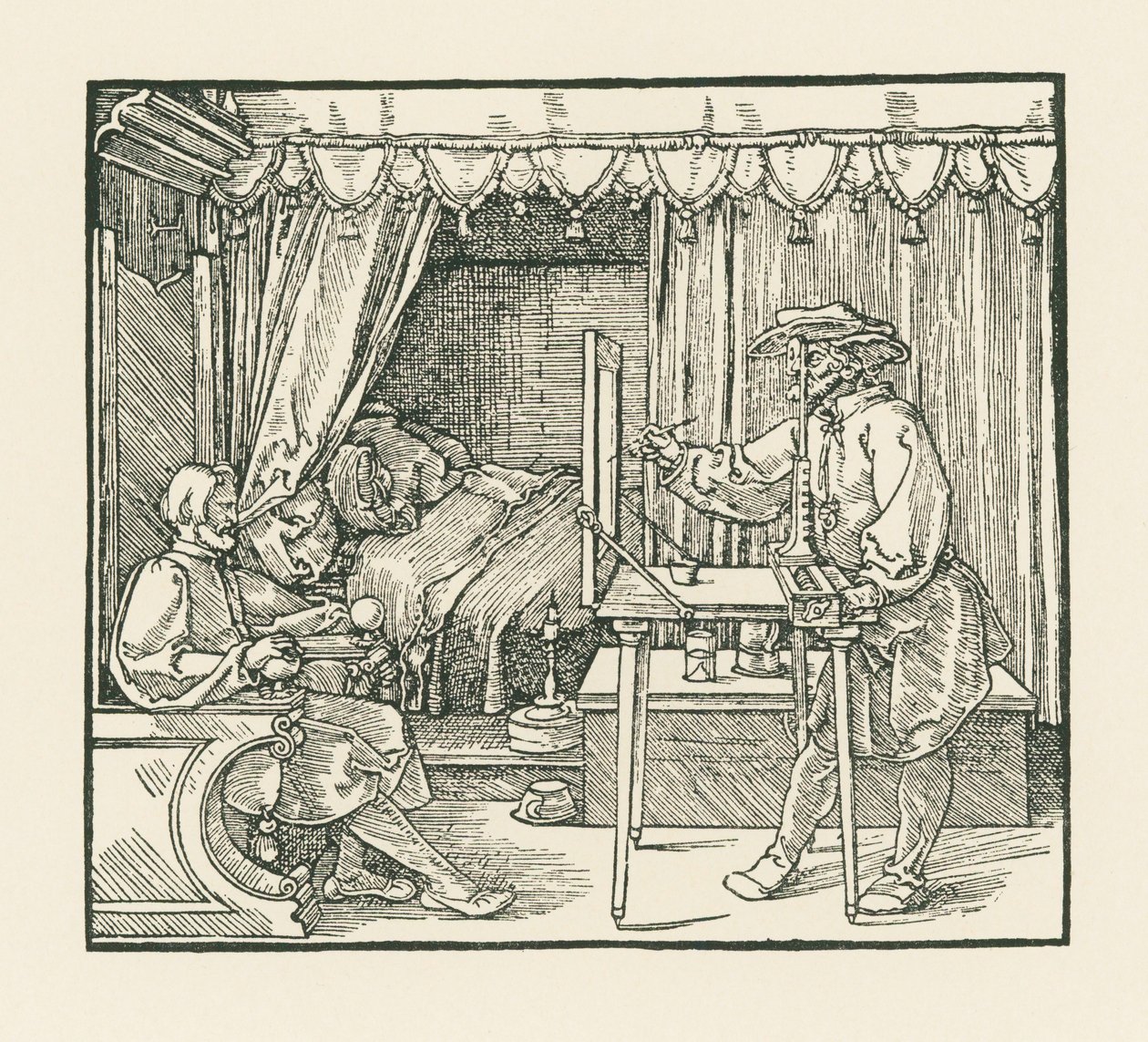Taiteilija piirtää istuvan miehen lasitasolle näkövakaimen läpi. tekijältä Albrecht Dürer or Duerer