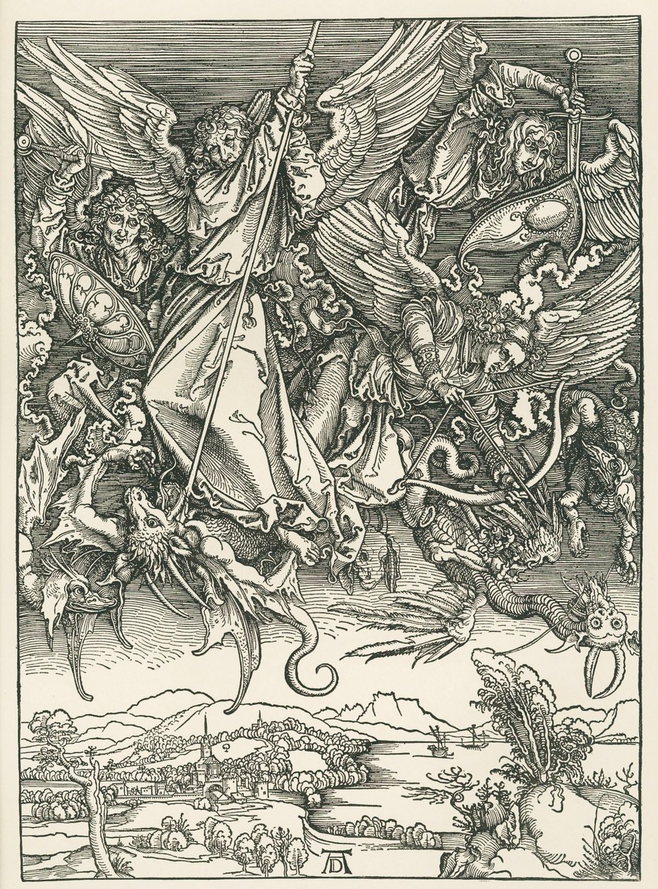 Arkkienkeli Mikael taistelee lohikäärmettä vastaan. Johanneksen ilmestys, noin 1498 (puupiirros). tekijältä Albrecht Dürer or Duerer