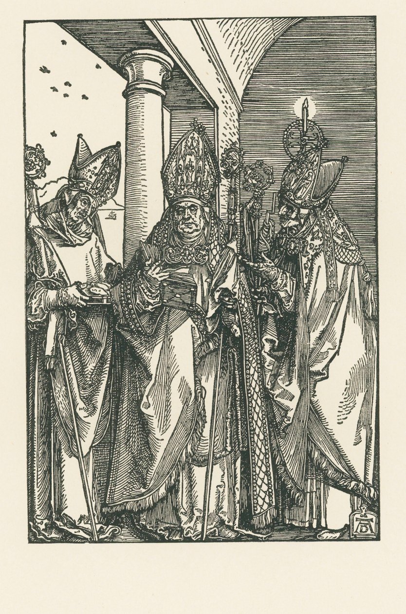 Piispa Pyhä Nikolaus, pyhät Ulrich ja Erasmus, noin 1505 (puupiirros). tekijältä Albrecht Dürer or Duerer