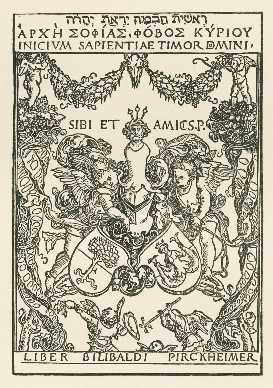 Willibald Pirckheimerin kirjakilpi, noin 1502 (puupiirros). tekijältä Albrecht Dürer or Duerer