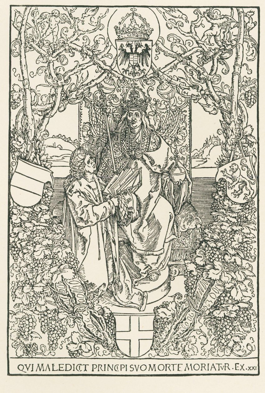 Celtes esittelee teoksensa keisari Maximilianukselle, painettu Sodalitas Celtica -lehteä varten, Nürnberg. tekijältä Albrecht Dürer or Duerer