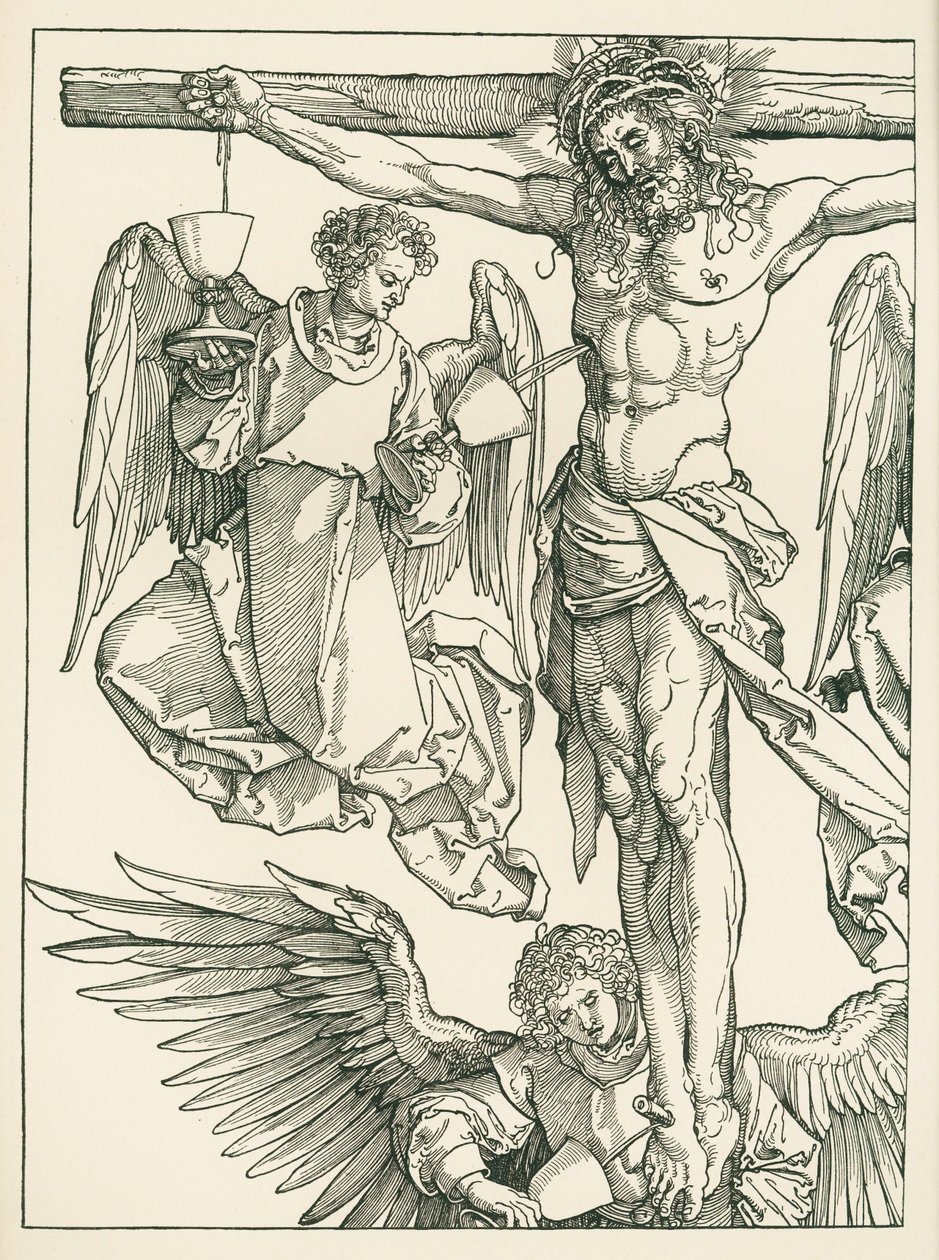 Kristus ristillä kolmen enkelin kanssa, noin 1513-13 (puupiirros). tekijältä Albrecht Dürer or Duerer