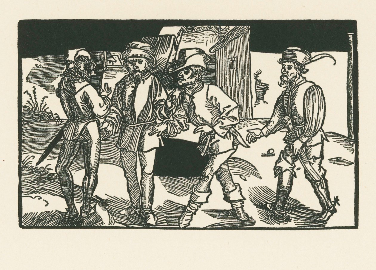 Clitipho, Menedemus, Chremes und Syrus, noin 1492-93 (puupiirros). tekijältä Albrecht Dürer or Duerer