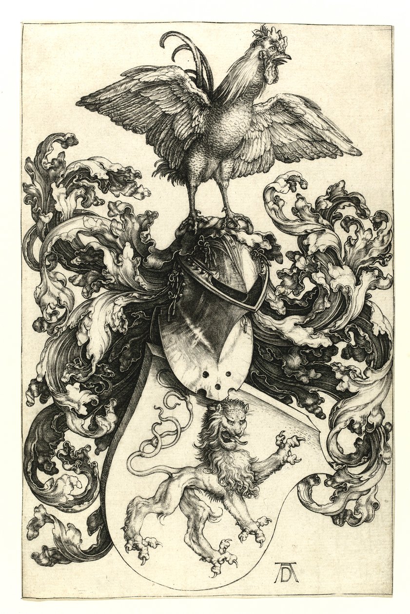 Vaakuna, jossa leijona ja kukko. 1502-03 tekijältä Albrecht Dürer