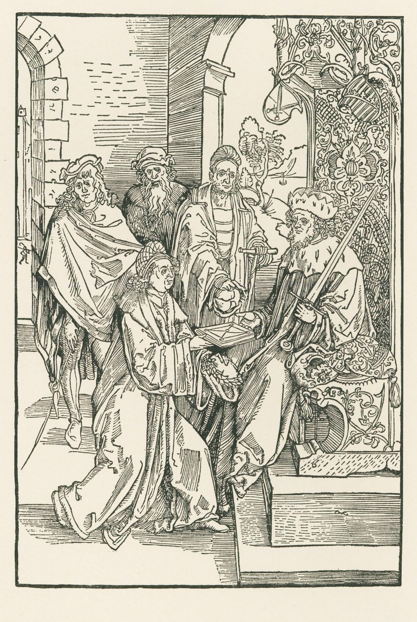 Conrad Celtes luovuttaa Roswitha-komedioiden painoksensa Saksin kruununvouti Fredrikille. tekijältä Albrecht Dürer or Duerer