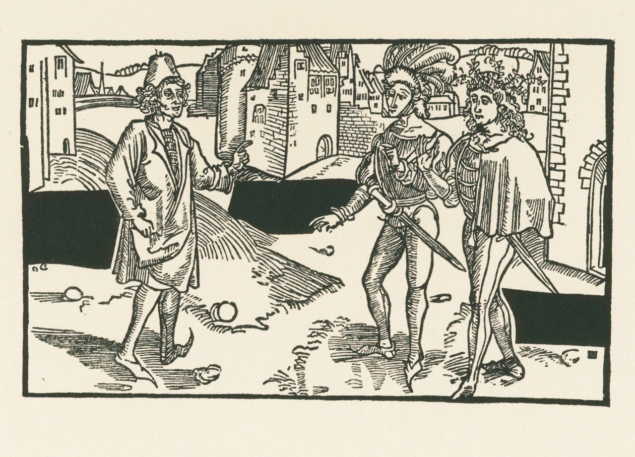 Davus, Pamphilus ja Charinus, noin 1492-93 (puupiirros). tekijältä Albrecht Dürer or Duerer