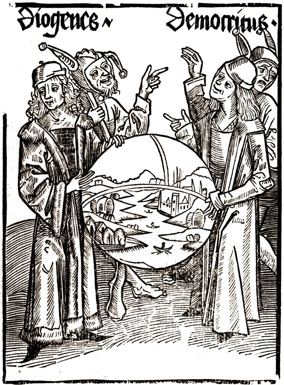 Diogenes (-413 - -327) ja Demokritos (-460 - -370) - Sébastien Brandtin (1458 - 1521) teoksessa "Das Narrenschif (Tyhmien vene)". Kaiverrus. tekijältä Albrecht Dürer