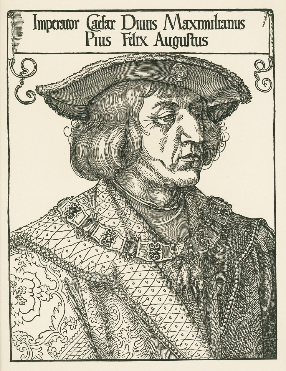 Keisari Maximilian I, noin 1519 (puupiirros). tekijältä Albrecht Dürer or Duerer