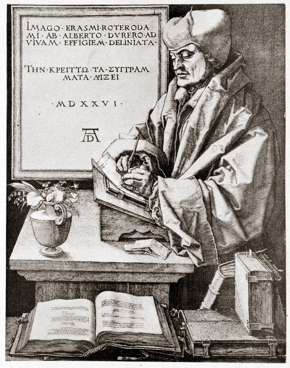 Erasmus kirjoitukseensa - Albrecht Durerin kaiverrus, jäljennetty 1900-luvun alussa. tekijältä Albrecht Dürer