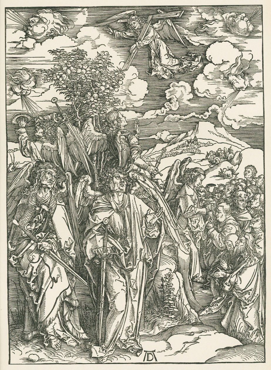 Neljä enkeliä pysäyttää tuulet ja valittujen allekirjoittaminen. Johanneksen ilmestys, noin 1497-98 (puupiirros). tekijältä Albrecht Dürer or Duerer