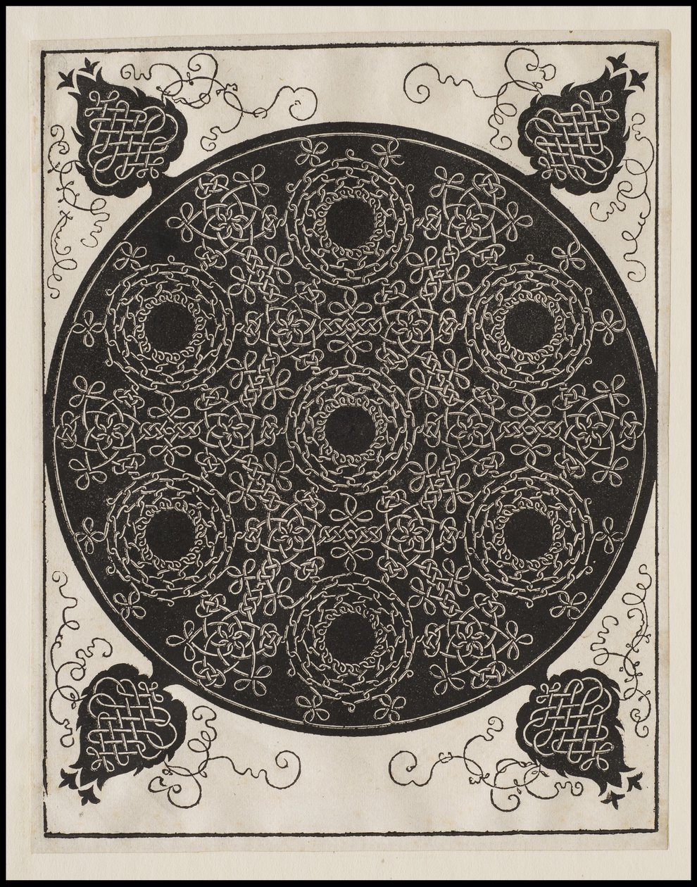 Neljäs solmu, 7 pyöreää solmuryhmää mustilla keskuksilla, n. 1506 tekijältä Albrecht Dürer