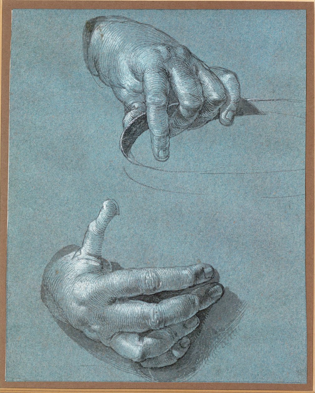 Kädet - Kaksi tutkimusta (liitupiirros siniselle paperille) tekijältä Albrecht Dürer or Duerer
