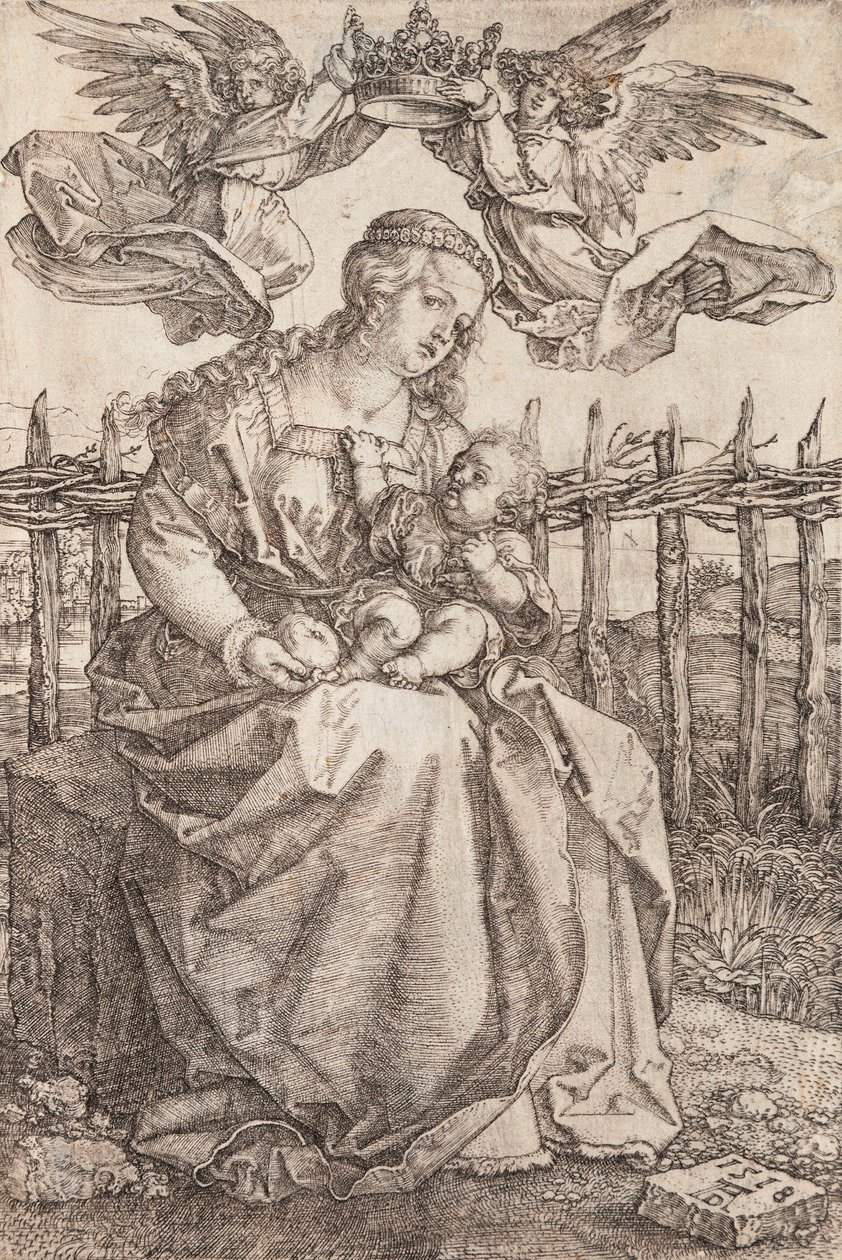 Kahden enkelin kruunaama Neitsyt Maria - Albrecht Durerin (1471-1528) kuparikaiverrus tekijältä Albrecht Dürer