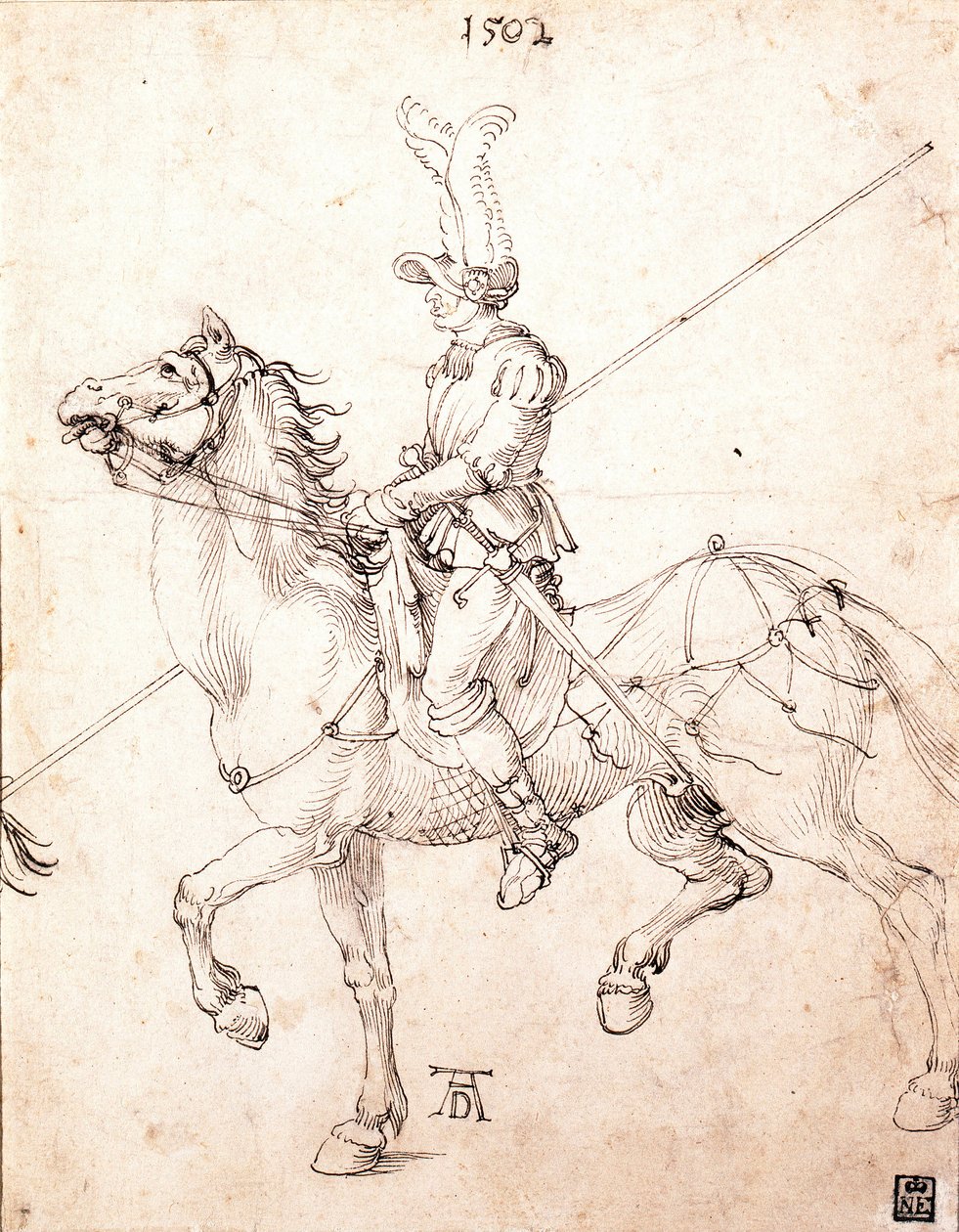 Lancer hevosen selässä - Piirustus Albrecht Durer (1471-1528) tekijältä Albrecht Dürer