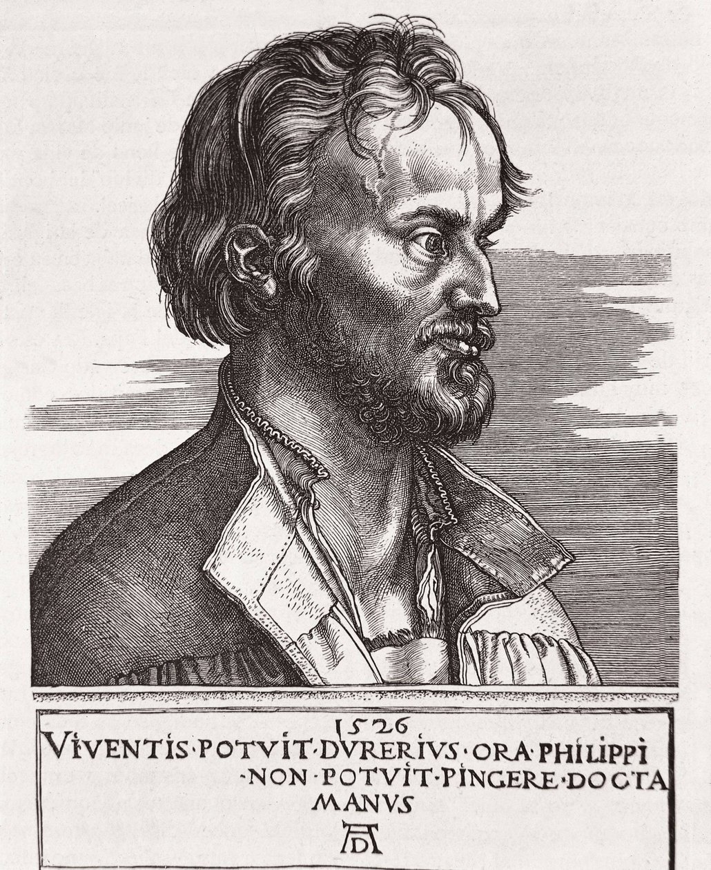 MELANCHTON, Philipp Schwarzerd, soitti (1497-1560). Teologi ja Lutherin yhteistyökumppani (kaiverrus) tekijältä Albrecht Dürer